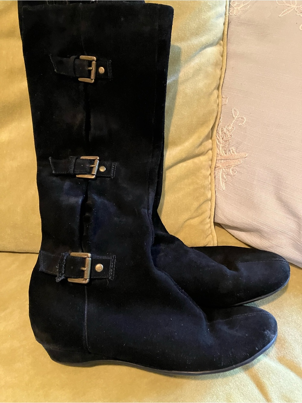 AEROSOLES Black Suede Knee Boots with Buckle Straps